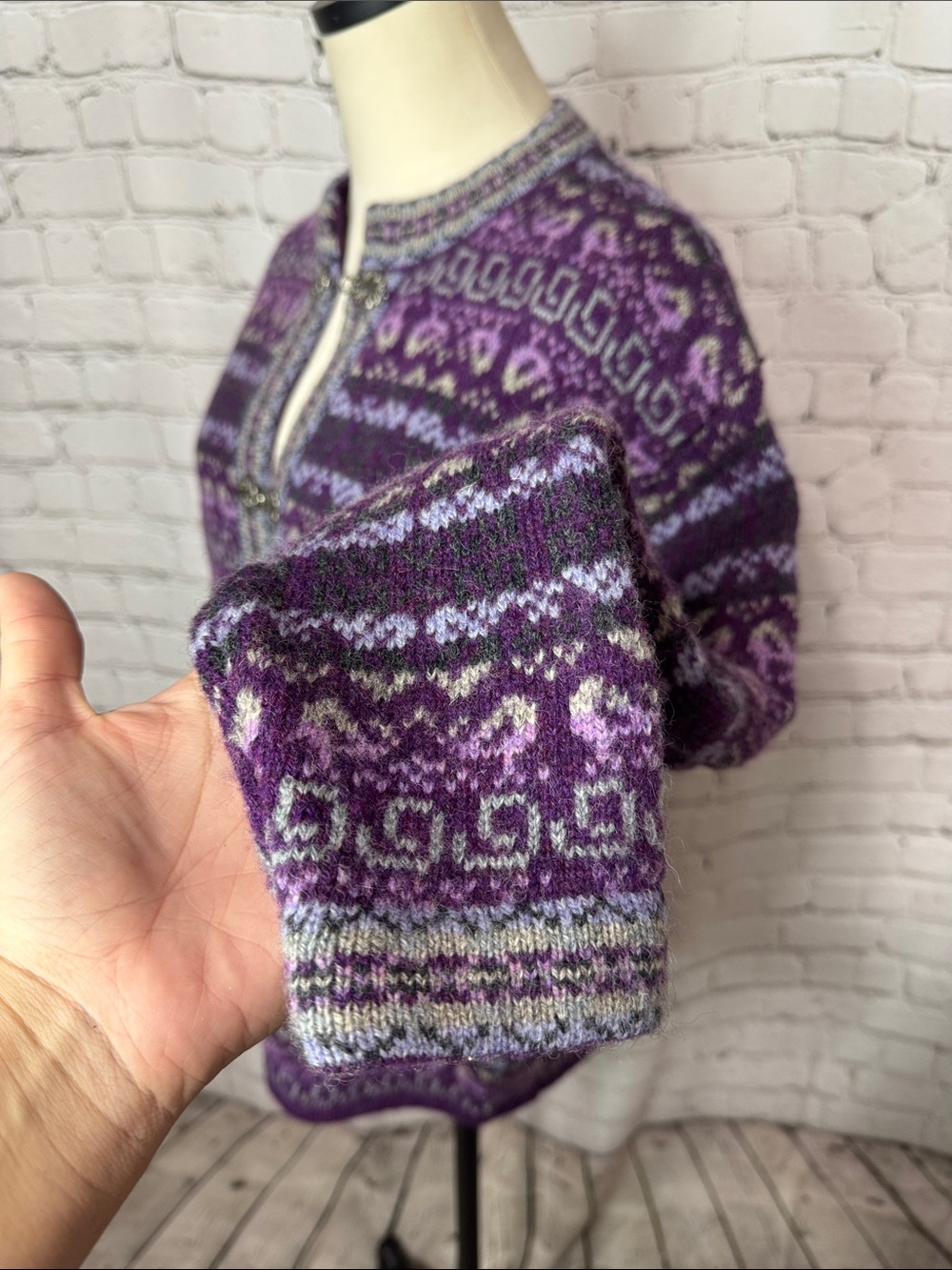 Y2K Eagle’s Eye Wool Fair Isle Hook Cardigan Purple Size Small S, M - Picture 8 of 11